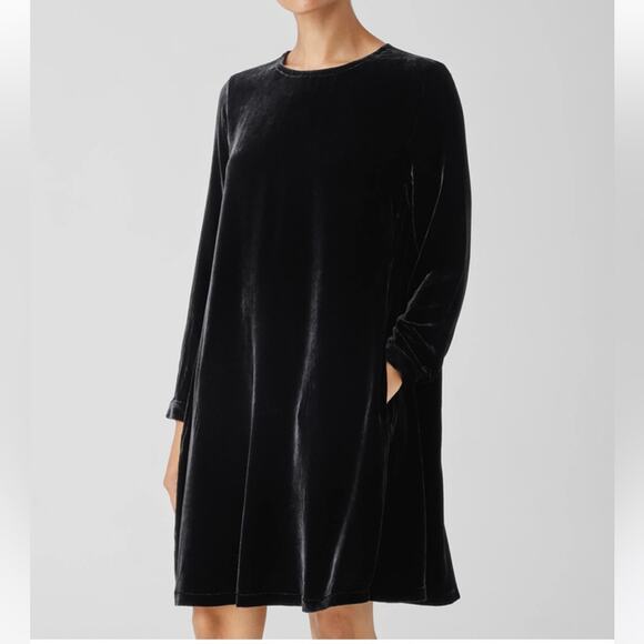 NWT Eileen Fisher black Velvet silk blend Crew Neck Dress, L - Picture 2 of 13